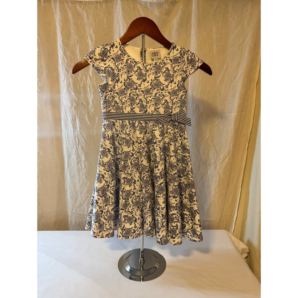 Armani Junior Dress Kids 5A White Blue Floral Damask Cap Sleeve Bow